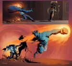  2boys abrams_(deadlock) belt blue_hair blue_jacket blue_shirt blue_skin boots brown_pants chain colored_skin commentary cuffs deadlock_(game) decapitation denim english_commentary gameplay_mechanics glasses guilty_gear headpiece heart heart_print highres jacket jeans male_underwear multiple_boys muscular muscular_male pants pile_bunker prison_clothes prisoner punching ripping roving_neophyte seven_(deadlock) shackles shirt slayer_(guilty_gear) striped_clothes striped_shirt topless_male underwear 