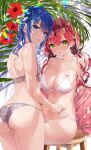  2girls ass back bare_arms bare_shoulders bikini blue_eyes blue_hair bow breasts cleavage collarbone eyewear_on_head flower from_behind green_eyes grey_background hair_bow halterneck heart heart-shaped_eyewear hibiscus highres hololive hoshimachi_suisei jacket large_breasts long_hair looking_at_viewer looking_back low_twintails motsunuki multiple_girls navel off_shoulder parted_lips pink_jacket plaid plaid_bikini red_flower red_hair sakura_miko side-tie_bikini side_ponytail sitting small_breasts stomach stool strap_pull string_bikini sunglasses swimsuit thighs twintails unmoving_pattern virtual_youtuber white_bikini 