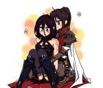  2girls armor black_hair blush boots brown_hair cape dungeon_and_fighter female_priest_(dungeon_and_fighter) hug inquisitor_(dungeon_and_fighter) mistress_(dungeon_and_fighter) multiple_girls ponytail short_hair sitting sss_(komojinos3) tattoo thighhighs 