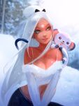  1girl animal bare_shoulders blurry blurry_background breasts cleavage collarbone green_eyes lips long_hair medium_breasts navel off_shoulder original parted_lips ross_tran snow white_hair white_theme 