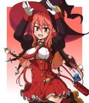  1girl bag dress dungeon_and_fighter female_mage_(dungeon_and_fighter) gloves handbag hands_up highres jewelry mage_(dungeon_and_fighter) red_dress shoulder_cape smile solo sss_(komojinos3) sticker_on_face upper_body white_gloves witch_(dungeon_and_fighter) witch_hair 