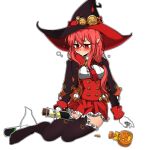  1girl blush dungeon_and_fighter gloves hat jack-o&#039;-lantern looking_down mage_(dungeon_and_fighter) no_shoes potion red_eyes red_hair sitting sss_(komojinos3) thighhighs white_background witch witch_(dungeon_and_fighter) witch_hat 