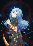  1girl absurdres blood blood_on_weapon blue_eyes blue_hair blush bug centipede eyebrows_visible_through_hair from_side highres himemushi_momoyo holding holding_weapon long_hair looking_at_viewer ooz pickaxe smile solo touhou weapon 
