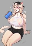 2022 5_fingers absurd_res anthro areola_outline backwards_cap backwards_hat band-aid band-aid_on_face bandage bandage_on_face beamerbruh big_breasts black_bottomwear black_clothing black_hat black_headwear black_shorts bodily_fluids bottle bottomwear breasts breath claws clothed clothed_anthro clothed_female clothing container crop_top digital_drawing_(artwork) digital_media_(artwork) felid female female_anthro finger_claws fingers frankie_(extremedash) fur grey_background hair hat headgear headwear hi_res holding_bottle holding_container holding_object holding_water_bottle inner_ear_fluff light_body light_fur light_hair light_tail mammal midriff nipple_outline one_eye_closed open_mouth pantherine pawpads pink_inner_ear pink_nose portrait shirt shorts simple_background sitting solo sweat sweaty_breasts tail three-quarter_portrait topwear translucent translucent_clothing translucent_crop_top translucent_shirt translucent_topwear tuft water_bottle wet wet_breasts wet_clothing wet_crop_top wet_shirt wet_topwear white_clothing white_crop_top white_shirt white_topwear