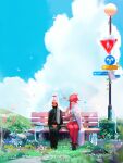  2girls bench cat closed_eyes cloud day flower ghost grass long_hair multiple_girls outdoors red_hair road_sign ross_tran sign sitting sky sword weapon white_hair 