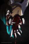  abstract_background big_fangs black_body black_ears black_fur black_hair blood blood_drip blood_from_eye blood_on_hand blue_fingernails blue_hair bodily_fluids brown_body brown_ears brown_fur demireality duo fingernails fur gore hair hand_in_mouth inner_ear_fluff kitsunebi_(artist) male multicolored_hair nails open_mouth pink_nose text tuft two_tone_hair upside_down url white_body white_fur white_inner_ear_fluff 