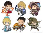  2019 2girls 4boys aiming akitaru_oubi arthur_boyle barefoot black_hair blonde_hair blue_eyes book bow_(weapon) brown_hair chibi cleric en'en_no_shouboutai fire glasses halberd hat holding holding_polearm holding_weapon iris_(en'en_no_shouboutai) kicking maki_oze monk multiple_boys multiple_girls nozaki_tsubata nurse_cap official_art paladin polearm pyrokinesis ranger red_eyes shield shinra_kusakabe sword takehisa_hinawa warrior weapon witch witch_hat 