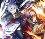  1boy 1girl armor black_hair commentary_request fake_horns fate/grand_order fate_(series) green_eyes grey_eyes grey_hair high_ponytail hip_vent holding holding_polearm holding_weapon horned_headwear horns japanese_armor kamuinii kote long_hair multicolored_hair nagao_kagetora_(fate) open_mouth polearm red_armor rope_belt shoulder_armor sode streaked_hair takeda_shingen_(fate) teeth thighhighs two-tone_hair uesugi_kenshin_(fate) uesugi_kenshin_(first_ascension)_(fate) weapon 