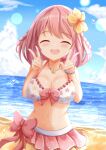  1girl :d ^_^ bangs bare_arms bare_shoulders beach bikini blue_sky blush bow braid breasts cleavage closed_eyes cloud commentary_request day eyebrows_visible_through_hair facing_viewer flower frilled_bikini frills hair_flower hair_ornament hands_up highres horizon hoshizaki_akari large_breasts navel ocean ongeki outdoors pink_bow pink_hair print_bikini sand sky smile solo star_(symbol) star_print swimsuit twin_braids water white_bikini yellow_flower zenon_(for_achieve) 