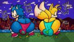  2_tails anthro big_butt blonde_hair blue_body blue_hair bulge butt canid canine clothing crouching duo eulipotyphlan footwear fox girly hair hedgehog hi_res looking_back male mammal miles_prower multi_tail qoolguyart sega shoes sneakers sonic_the_hedgehog sonic_the_hedgehog_(series) speedo swimwear twerking two_tone_tail wide_hips yellow_body 