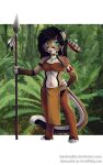  anthro biped black_body black_ears black_eyebrows black_fur black_hair black_tail blue_eyes brown_body brown_fur brown_tail demireality dipstick_ears eyebrows female fern front_view fur glistening glistening_eyes hair hand_on_hip holding_object holding_spear holding_weapon kitsunebi_(artist) looking_at_viewer melee_weapon multicolored_ears navel outside pink_nose plant plantigrade polearm red_body red_fur smile solo spear standing striped_arms striped_body striped_fur stripes tan_body tan_ears tan_fur teeth tree weapon white_body white_fur white_tail 