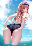  1girl absurdres adjusting_clothes adjusting_swimsuit ass black_one-piece_swimsuit blush breasts brown_hair choker cleavage competition_swimsuit goddess_of_victory:_nikke goggles highleg highres large_breasts long_hair looking_at_viewer looking_back official_alternate_costume one-piece_swimsuit rapi_(classic_vacation)_(nikke) rapi_(nikke) red_eyes solo swimsuit thighs wet yazuki_(n_y_0714) 