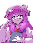  1girl \||/ backlighting bangs berusuke_(beru_no_su) bespectacled bloom blunt_bangs blush book bow crescent crescent_hat_ornament expressionless eyebrows_visible_through_hair glasses hat hat_ornament holding long_hair long_sleeves looking_to_the_side mob_cap patchouli_knowledge purple_eyes purple_hair simple_background solo touhou white_background 
