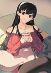  1girl bangs bare_shoulders black_hair black_legwear bread coffee_cup collarbone crossed_legs cup cushion disposable_cup earrings english_commentary eyebrows_visible_through_hair food gold_earrings hairband highres holding holding_cup jewelry koharu1807 light_smile long_hair looking_at_viewer off-shoulder_sweater off_shoulder pantyhose pillow red_eyes red_sweater sitting solo spy_x_family straight_hair sweater white_hairband yor_briar 