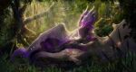  2022 day detailed_background digital_media_(artwork) dragon duo feral forest fur furred_dragon grass hair hi_res horn isvoc membrane_(anatomy) membranous_wings outside plant purple_hair tree wings 