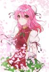  1girl ayaneko bandaged_arm bandages blurry blush breasts depth_of_field double_bun eyebrows_visible_through_hair flower hair_between_eyes highres ibaraki_kasen looking_at_viewer pink_eyes pink_flower pink_hair pink_rose puffy_short_sleeves puffy_sleeves rose short_hair short_sleeves skirt smile solo tabard touhou 