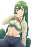  1girl absurdres asui_tsuyu bangs boku_no_hero_academia bow_by_hair bra breasts closed_mouth clothes_lift commentary_request denim eyebrows_visible_through_hair green_bra green_eyes green_hair hair_rings hand_up highres jeans kobaji lifted_by_self long_hair long_sleeves looking_at_viewer low_tied_hair medium_breasts midriff navel pants shirt_lift smile solo sweater tareme turtleneck turtleneck_sweater underwear very_long_hair 