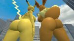  16:9 2021 3d_(artwork) anthro breasts brown_body brown_skin butt city digital_media_(artwork) dnrud12 duo featureless_breasts female fur gesture gigantamax_eevee gigantamax_pikachu gigantamax_pok&eacute;mon hi_res looking_at_viewer looking_back low-angle_view macro nintendo nude pok&eacute;mon pok&eacute;mon_(species) pok&eacute;morph pose sky smile source_filmmaker standing v_sign video_games widescreen yellow_body yellow_fur yellow_skin 