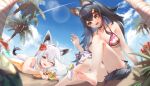  2girls absurdres ahoge animal_ear_fluff animal_ears bangs bare_legs barefoot bell bikini black_choker black_hair blue_eyes blue_sky blush breasts cat choker cloud crab day feet flower foot_out_of_frame fox_ears fox_girl fox_tail hair_flower hair_ornament hairclip halterneck highres hololive large_breasts leaf_print lens_flare long_hair lying miaohik multicolored_hair multiple_girls neck_bell on_stomach ookami_mio open_mouth palm_tree print_bikini red_flower red_hair shirakami_fubuki side-tie_bikini sitting sky soles streaked_hair string_bikini sukonbu_(shirakami_fubuki) swimsuit tail toes tree very_long_hair virtual_youtuber white_hair wolf_ears wolf_girl wolf_tail yellow_eyes 