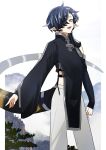  1boy arknights bishounen black_hair chinese_clothes corroserum_(arknights) ear_piercing hair_over_one_eye highres iwashi_80 looking_at_viewer male_focus open_mouth piercing pointy_ears scenery short_hair snake_boy snake_tail solo tail yellow_eyes 