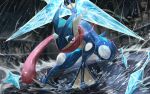  bright_pupils commentary_request eye_trail fence greninja looking_at_viewer nibiiro_(deep_4242) night no_humans outdoors pokemon pokemon_(creature) rain shiny shuriken solo squatting tongue weapon white_pupils 