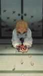  1boy blonde_hair blurry bowing child cloth colored_tips crying depth_of_field flame_print forked_eyebrows hakama highres holding indoors japanese_clothes kimetsu_no_yaiba long_sleeves male_focus marble_(toy) memory motion_blur multicolored_hair on_floor outstretched_arms own_hands_together red_hair rengoku_kyoujurou rengoku_senjurou seiza shouji sidelocks sitting sliding_doors solo streaked_hair tatami tears tsuba_(guard) yuki_(yuki3243) 
