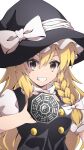  1girl absurdres black_headwear blonde_hair brown_eyes eyebrows_behind_hair hat highres holding holding_weapon kirisame_marisa long_hair looking_at_viewer mini-hakkero namagaki-san ribbon smile solo teeth touhou weapon witch_hat yin_yang 