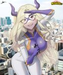 1girl 1other :d absurdres arm_up bangs bil-ajeossi blonde_hair blurry blurry_background bodysuit boku_no_hero_academia breasts cityscape commentary copyright_name depth_of_field elbow_gloves english_commentary eye_mask eyebrows_visible_through_hair eyes_visible_through_hair giant giantess gloves highres holding_person horns large_breasts long_hair mount_lady parted_bangs purple_eyes purple_gloves signature smile solo_focus teeth upper_teeth very_long_hair white_bodysuit 