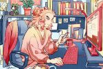  0shu_0v0 1boy at_computer bookshelf bowl cardigan_removed cellphone chair charm_(object) clock contemporary cup desk desk_lamp eyewear_removed food forked_eyebrows from_side glasses half_updo hand_up holding holding_phone indoors keyboard_(computer) kimetsu_no_yaiba lamp long_sleeves looking_at_phone male_focus monitor mouse_(computer) mug multicolored_hair office_chair orange_hair phone photo_(object) plant potted_plant printer red_hair rengoku_kyoujurou sidelocks signature sitting smile solo streaked_hair stuffed_tanuki sweater upper_body v-neck 