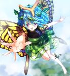  1girl absurdres animal antennae aqua_hair barefoot blush bug butterfly butterfly_wings dress eternity_larva fairy full_body green_dress hair_between_eyes highres leaf leaf_on_head multicolored_clothes multicolored_dress open_mouth purple_eyes short_hair short_sleeves solo sunnysideup teeth touhou upper_teeth wings 