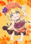  1girl :d aki_minoriko apron arm_up autumn_leaves barefoot basket blonde_hair blush chibi eyebrows_visible_through_hair food food_on_head fruit fruit_on_head grapes hat leaf looking_at_viewer object_on_head red_headwear skirt smile solo sweet_potato takamochi_kanae touhou v-shaped_eyebrows yellow_eyes 