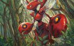  absurdres commentary_request day forest highres leaf looking_up nature no_humans outdoors pokemon pokemon_(creature) sabamisob scizor solo standing tree yellow_eyes 