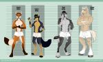  anthro biped black_body black_ears black_fur black_hair black_nose black_tail blonde_hair blue_eyes brown_eyes brown_hair canid canine canis crossed_arms demireality domestic_dog ear_piercing ear_ring equid equine eyebrow_piercing facial_piercing fur glistening glistening_nose green_eyes grey_body grey_fur grey_tail group hair hand_on_hip hi_res horse kitsunebi_(artist) looking_at_viewer male mammal messy_hair muscular muscular_anthro muscular_male nipples orange_body orange_fur orange_tail piercing red_eyes scar short_hair standing tan_ears waving_at_viewer white_body white_fur white_tail wolf 