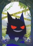  absurdres caution_tape day gengar grin highres keep_out leaf looking_at_viewer no_humans plant pokemon pokemon_(creature) red_eyes smile solo teeth two_pokemon vines 