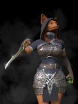  3d_(artwork) absurd_res anthro armor assassin bottle canid canine clothing container dagger digital_media_(artwork) fantasy fantasy_weapon female fox hi_res hood lapushis mammal melee_weapon pattern_clothing poison raised_arm solo solo_focus weapon 