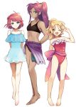  3girls artist_request blonde_hair earrings faris_scherwiz final_fantasy final_fantasy_v green_eyes highres jewelry krile_mayer_baldesion lenna_charlotte_tycoon long_hair looking_at_viewer multiple_girls open_mouth pink_hair ponytail purple_hair short_hair siblings simple_background sisters smile swimsuit white_background 