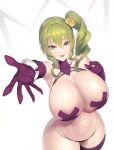  1girl arm_up armpits bangs black_panties breasts cleavage commentary cross_pasties detached_collar english_commentary erato_(last_origin) eyebrows_visible_through_hair flower from_above gloves green_hair hair_between_eyes hair_flower hair_ornament hand_on_own_chest hand_up highres huge_breasts last_origin limeblock looking_at_viewer looking_up medium_hair navel open_mouth outstretched_arm panties pasties plump purple_gloves purple_legwear red_eyes rose side_ponytail solo thick_thighs thighhighs thighs tsurime underwear underwear_only yellow_flower yellow_rose 