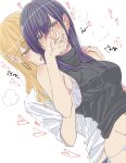  2girls absurdres aihara_mei aihara_yuzu bangs bare_shoulders black_hair blonde_hair blush bra_strap breast_grab breasts citrus_(saburouta) eyebrows_visible_through_hair glidesloe grabbing grabbing_from_behind groping hand_under_clothes highres long_hair molestation multiple_girls navel step-siblings wife_and_wife yuri 