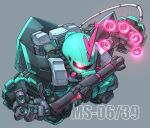  bazooka_(gundam) chibi disembodied_hand extra_arms finger_cannon glowing glowing_eye grey_background gundam hatsune_miku mecha miku_day mobile_suit mobile_suit_gundam no_humans one-eyed pink_eyes redesign robot sd_gundam susagane vocaloid zaku_ii zeong 