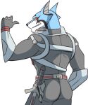  anthro black_body black_fur blue_body blue_fur butt doggie_kruger facial_hair fur gesture goatee grey_suit male open_mouth pointing power_rangers simple_background smile solo teeth_showing thegreatmatsutzu white_background white_body white_fur 