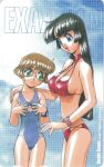  1990s_(style) 2girls artist_name bangs bikini blue_swimsuit bracelet breast_envy breasts brown_hair card card_(medium) cleavage collarbone flat_chest glasses green_eyes highres hino_akane_(houjin_exaxxion) houjin_exaxxion jewelry large_breasts long_hair looking_to_the_side minagata_isaka multiple_girls navel official_art one-piece_swimsuit open_mouth phonecard red_bikini retro_artstyle scan short_hair smile sonoda_ken&#039;ichi sweatdrop swimsuit 