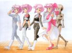  5girls android bangs black_jacket black_pants boots breasts catty clenched_hands dress elbow_gloves eyebrows_visible_through_hair gall_force gloves hairband jacket multiple_girls multiple_persona official_art one_eye_closed open_mouth pants parted_bangs pilot_suit pink_dress pink_hair pink_hairband salute short_hair small_breasts smile sonoda_ken&#039;ichi walking white_footwear white_gloves white_pants yellow_eyes 
