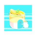  animal bear blue_background chai_(drawingchisanne) commentary_request cup door drinking_glass food food_focus fruit gelatin glass hat leaf lemon lemon_slice looking_at_viewer no_humans original polar_bear signature striped striped_background sun_hat undersized_animal waving 