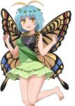  1girl :d antennae bare_legs barefoot blue_hair blush breasts butterfly_wings chups dress eternity_larva foot_out_of_frame highres leaf leaf_on_head looking_at_viewer open_mouth short_hair smile solo standing standing_on_one_leg toes touhou white_background wings 