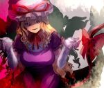  1girl asuku_(69-1-31) bangs bow dress elbow_gloves frilled_dress frills full_body gap_(touhou) gloves hair_bow hat hat_ribbon long_hair looking_at_viewer mob_cap neck_ribbon puffy_short_sleeves puffy_sleeves purple_dress purple_eyes red_bow red_ribbon ribbon short_sleeves shrugging smile solo touhou wavy_hair white_gloves white_headwear yakumo_yukari 