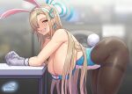  1girl animal_ears asuna_(blue_archive) asuna_(bunny_girl)_(blue_archive) bent_over black_legwear blonde_hair blue_archive blue_eyes blue_leotard blue_ribbon blurry blurry_background breasts cleavage elbows_on_table fake_animal_ears fake_tail from_side gloves gonster hair_over_one_eye hair_ribbon halo hanging_breasts huge_breasts leotard long_hair looking_at_viewer mole mole_on_breast pantyhose parted_lips playboy_bunny rabbit_ears rabbit_tail ribbon see-through see-through_leotard signature solo table tail thighband_pantyhose white_gloves 