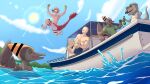 2024 5_fingers 5_toes alcohol anon_(snoot_game) anthro apron bald beer beverage blue_clothing blue_sky blue_swimming_trunks blue_swimwear boat broken_wing brown_body brown_hair brown_scales cavemanon_studios claws clothing detailed_background digital_drawing_(artwork) digital_media_(artwork) dinosaur dromaeosaurid eyes_closed facial_hair facial_scar father_(lore) father_and_child_(lore) father_and_son_(lore) feathered_dinosaur feathered_scalie feathered_tail feathers feet fingers goodbye_volcano_high group hair hat head_crest headgear headwear hi_res human lake light-skinned_male light_body light_skin long_tail male mammal mature_anthro mature_male midair moe_(snoot_game) motorboat_(boat) multicolored_body multicolored_scales mustache naser_(gvh) open_mouth open_smile orange_body orange_hair orange_scales outside parent_(lore) parent_and_child_(lore) parent_and_son_(lore) partially_submerged pink_body pink_scales pink_stripes prehistoric_species prometheuzone pterodactylus pterosaur red_body red_feathers reed_(gvh) reptile ripley_(snoot_game) scales scalie scar sharp_teeth short_hair sky smile snoot_game snout son_(lore) striped_body striped_scales stripes sun swimming swimming_trunks swimwear tail teeth theropod toe_claws toes two_tone_body two_tone_scales tyrannosaurid tyrannosauroid tyrannosaurus tyrannosaurus_rex vehicle velociraptor water watercraft wet wet_body wet_scales wings