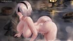  1girl all_fours areolae ass aztodio black_hairband blindfold breasts collarbone cum cum_on_body cum_pool hairband hanging_breasts highres large_breasts looking_at_viewer mole mole_under_mouth nier_(series) nier_automata nipples onsen see-through short_hair solo towel water wet white_hair yorha_no._2_type_b 