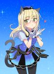  1girl absurdres animal_ears aohashi_ame black_pantyhose blonde_hair blush cat_ears cat_girl cat_tail dress glasses gloves green_eyes highres long_hair pantyhose perrine_h._clostermann sky solo star_(sky) starry_sky strike_witches tail white_gloves world_witches_series 