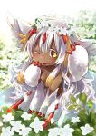  1girl animal_ear_fluff animal_ears artist_name blonde_hair blush breasts claws collarbone commentary_request dark-skinned_female dark_skin day extra_arms faputa fewer_digits field flower flower_field full_body hand_on_own_cheek hand_on_own_face hands_up head_wreath highres long_hair looking_at_viewer lower_teeth made_in_abyss monster_girl multicolored_hair mumu_yu_mu no_nipples nude one_eye_closed open_mouth outdoors sharp_teeth sitting small_breasts smile solo streaked_hair teeth v_arms white_flower white_fur white_hair yellow_eyes 